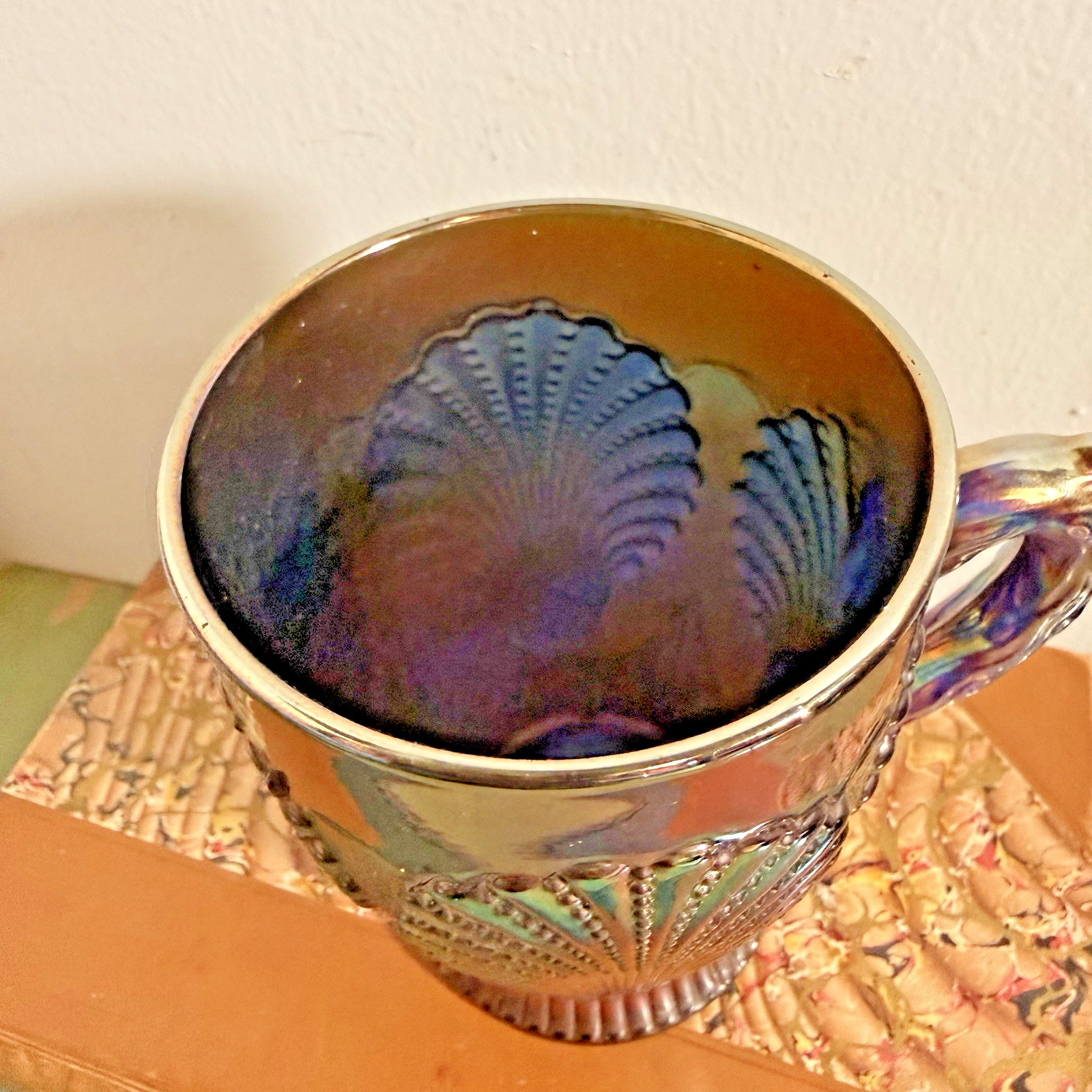 Antique Dugan Beaded Shell Cobalt Blue Carnival Glass Mug Peacock Iridescent