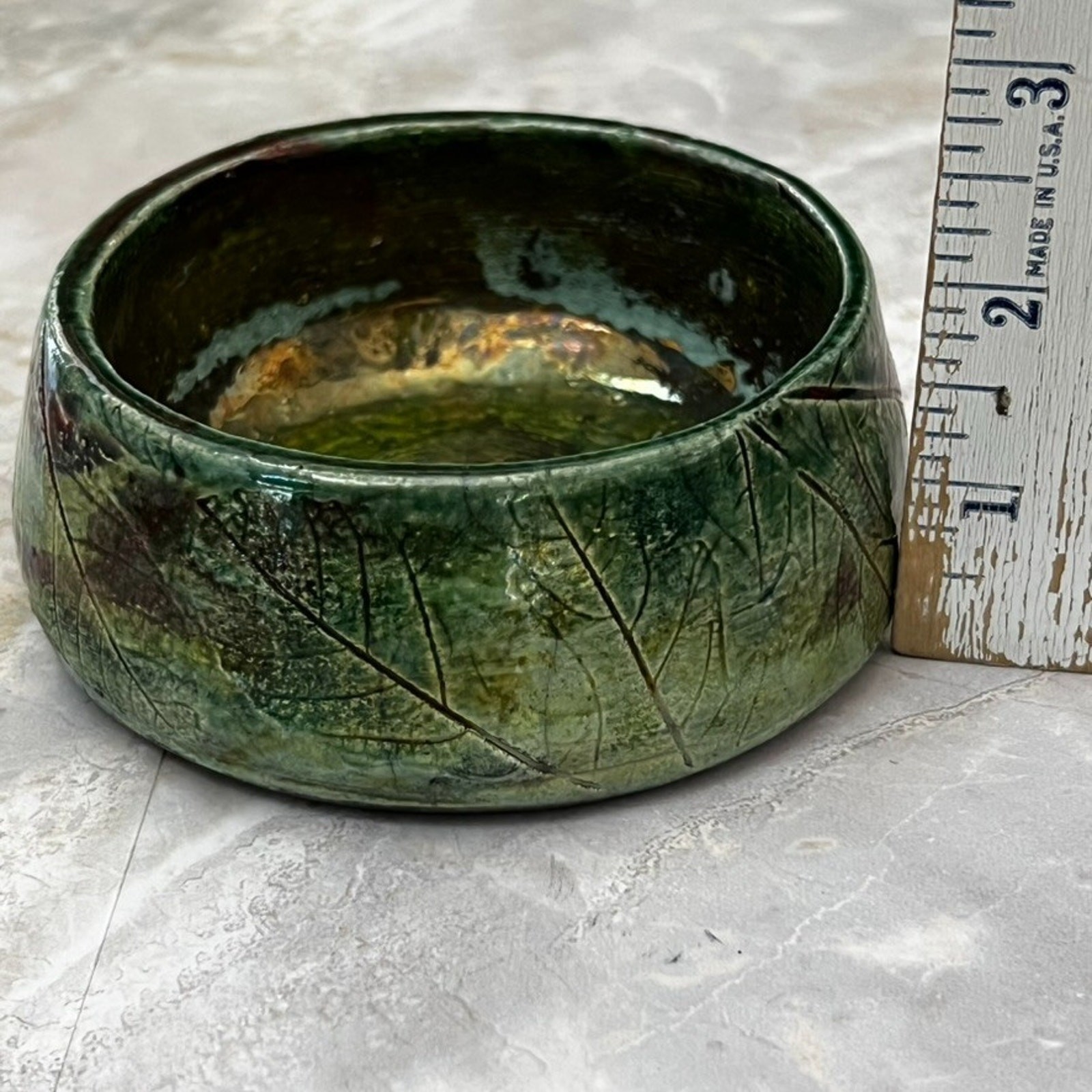 Art Studio Pottery Trinket Bowl Green Glaze Leaf Motif Iridescent Signed