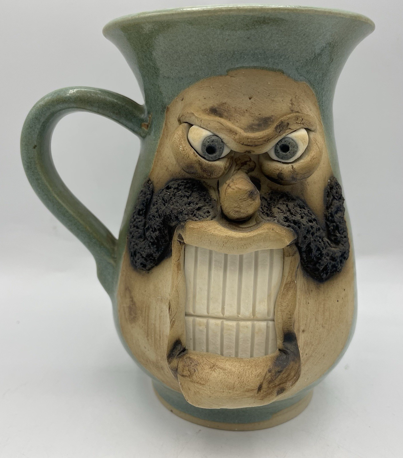 Ugly Funny Pottery 3D Face w/ Mustache Bared Teeth Coffee Mug Cup Signed