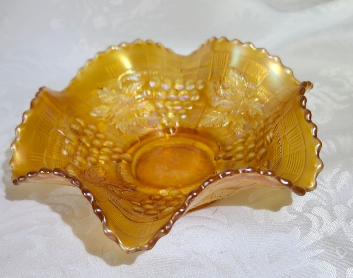 Antique Northwood Marigold Carnival Glass Grape & Cable Ruffled Bowl