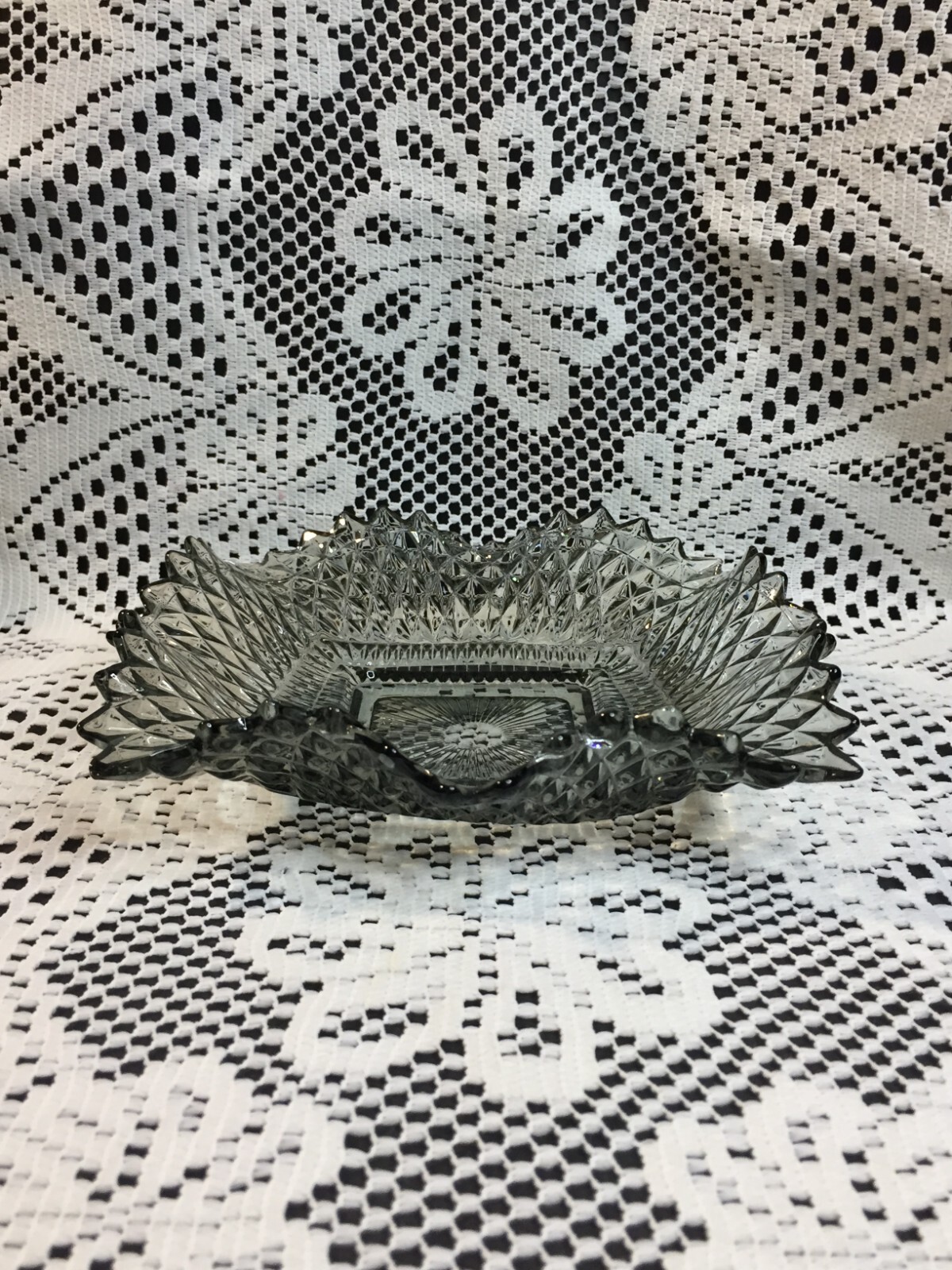 Light Gray Clear Glass Candy Bowl Square Serving Dish with Pointy Edges Vintage