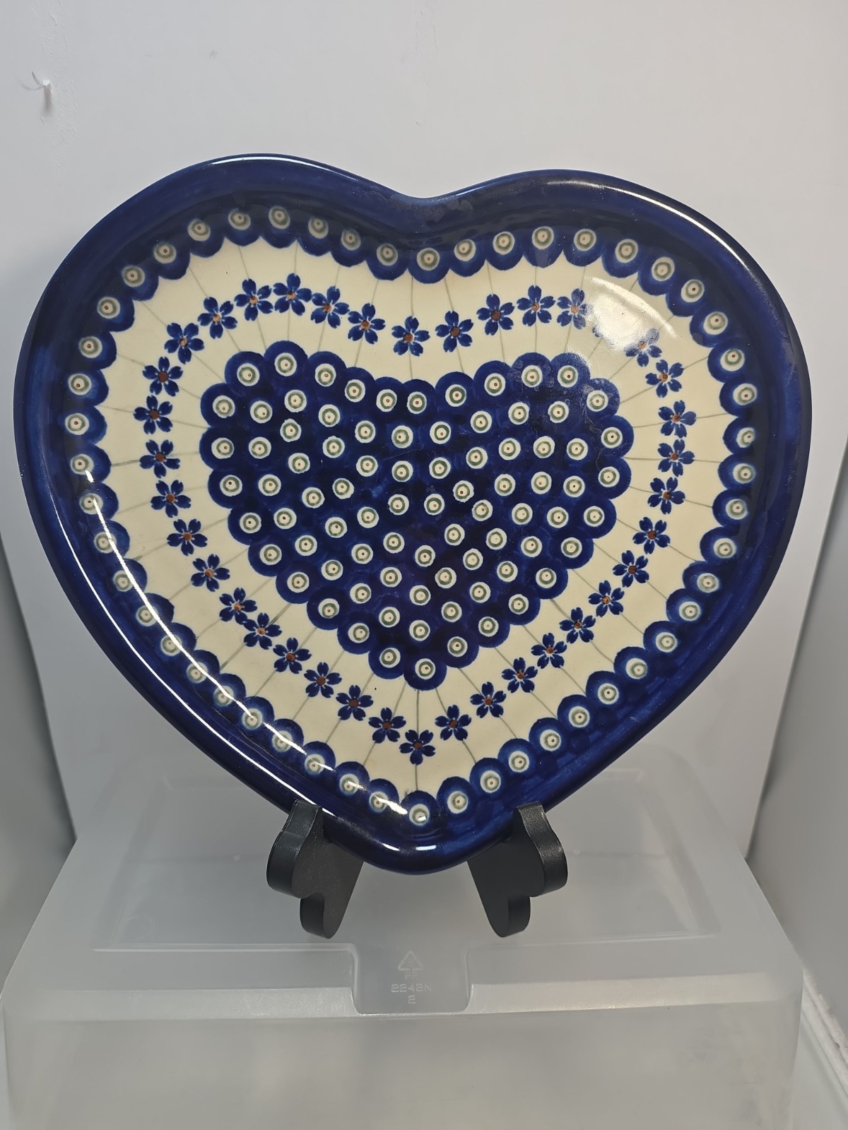 Polish Pottery Boleslaweic Heart Plate Floral Peacock Eyes Unikat Zaklady (B4)
