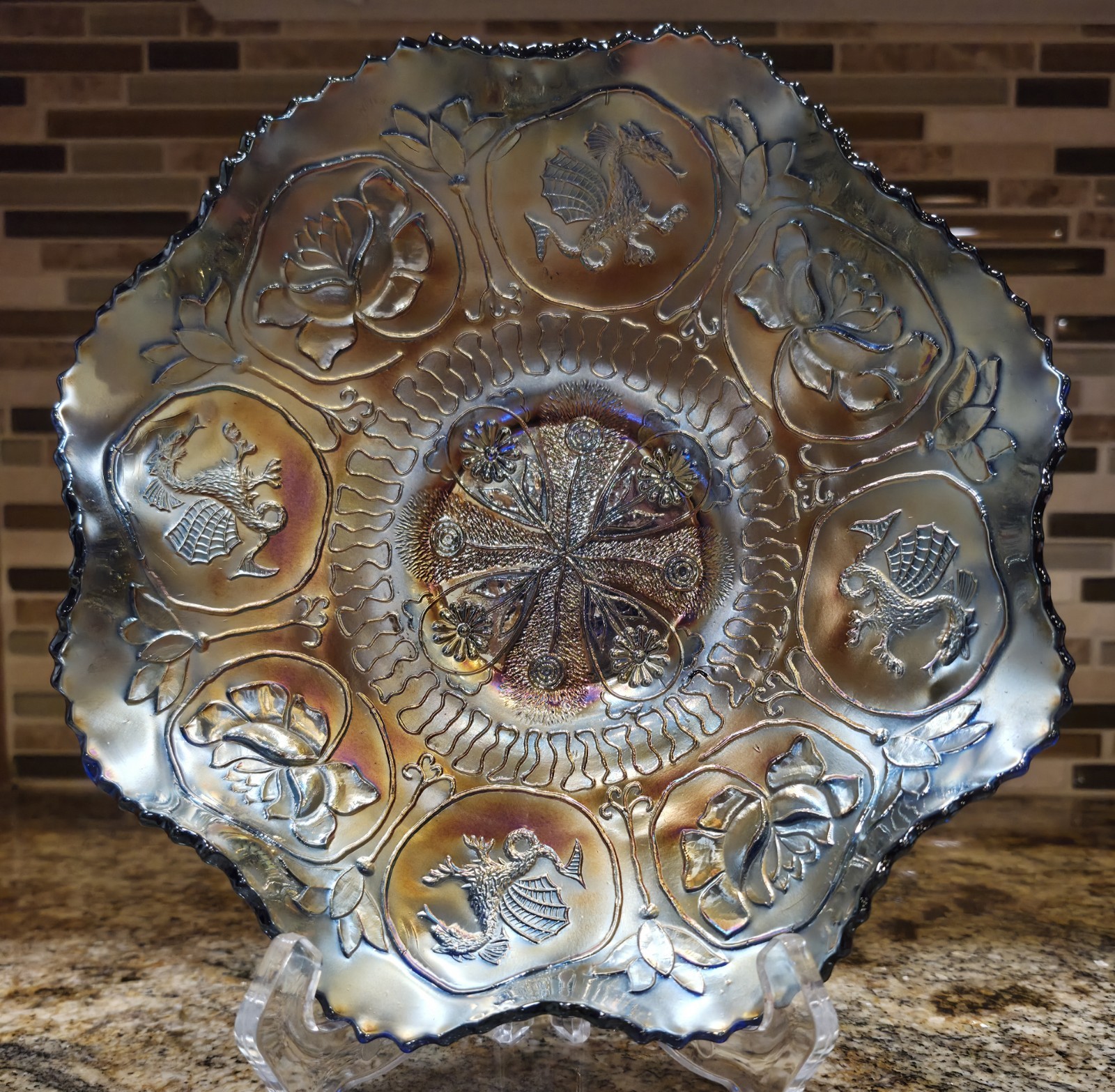 Antique Fenton Dragon/Lotus Bowl Cobalt Blue Metallic Finish 9in Across 2.5in…