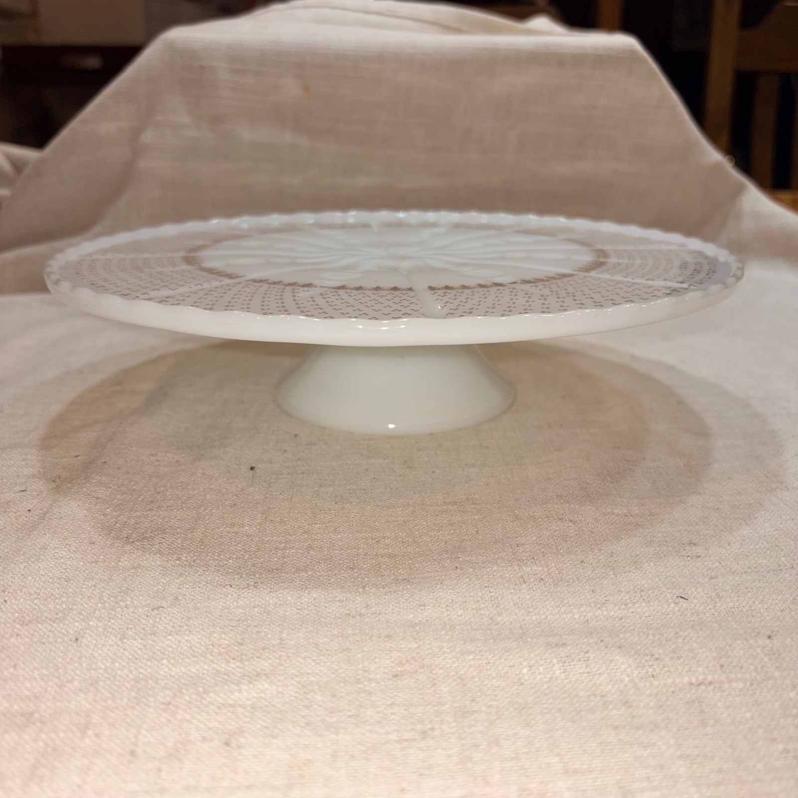 Anchor Hocking Ivory White Cake Plate 22K Gold Decorated Pedestal Stand