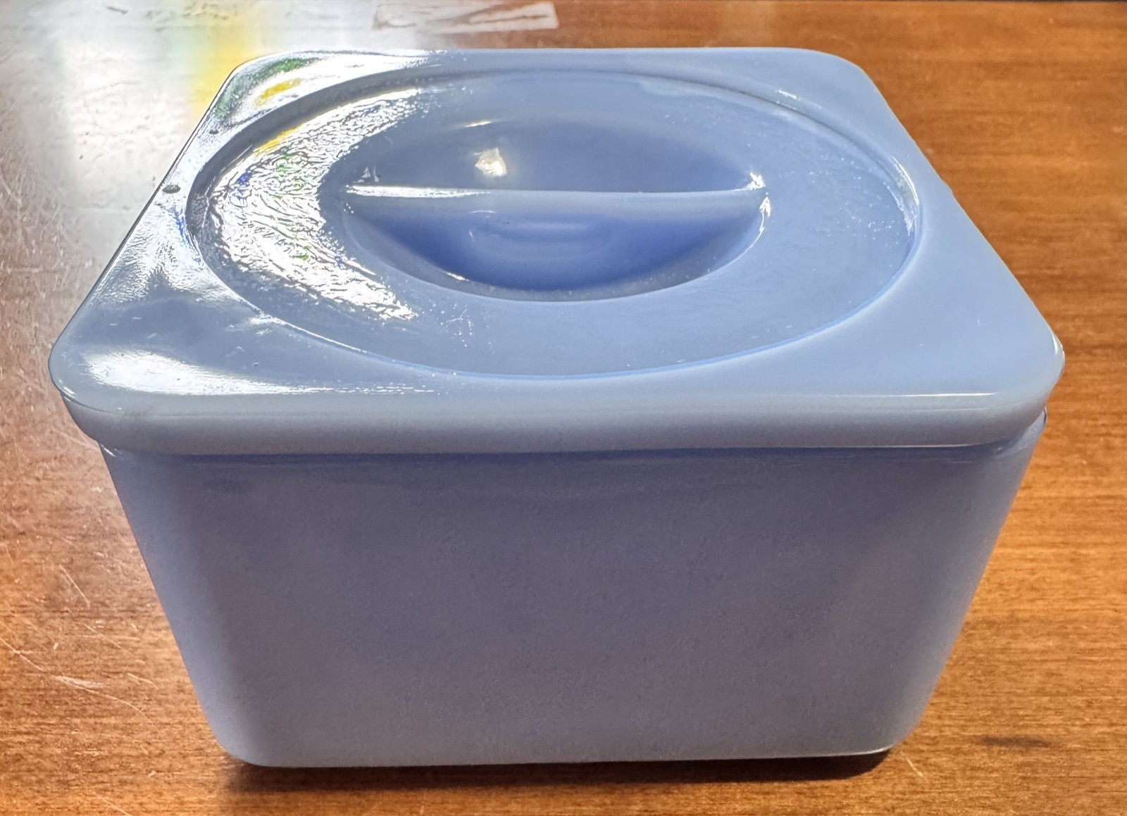 Jeannette Glass Delphite Blue Square Refrigerator Covered Dish 4 x 2 3/4 Vtg