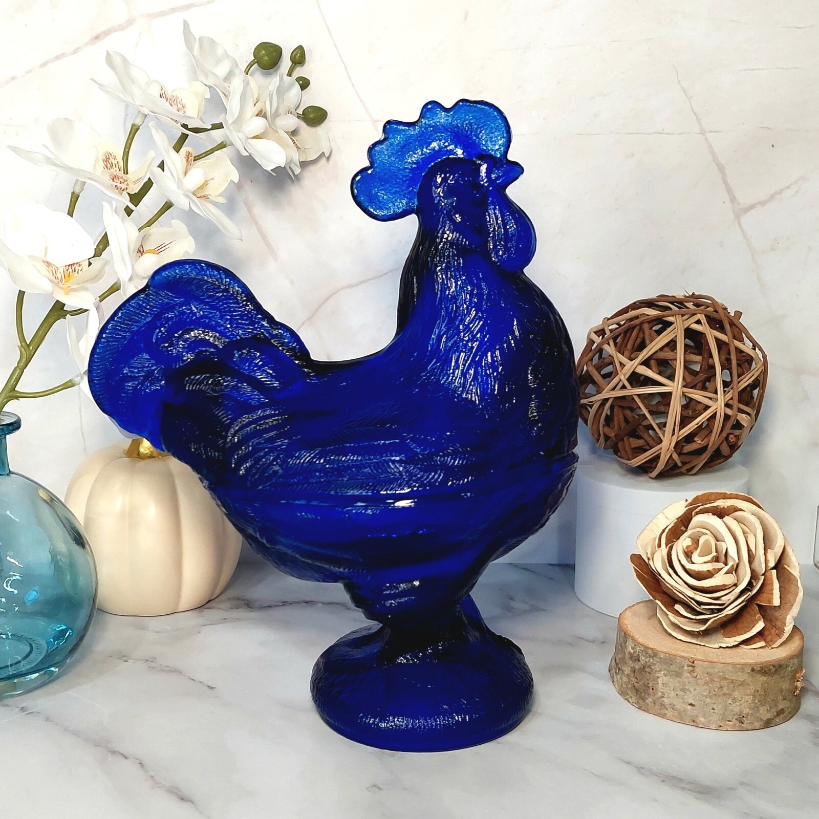 Cobalt Blue Glass Depression Style Rooster Chicken Candy Dish, Hen on Nest, Bowl