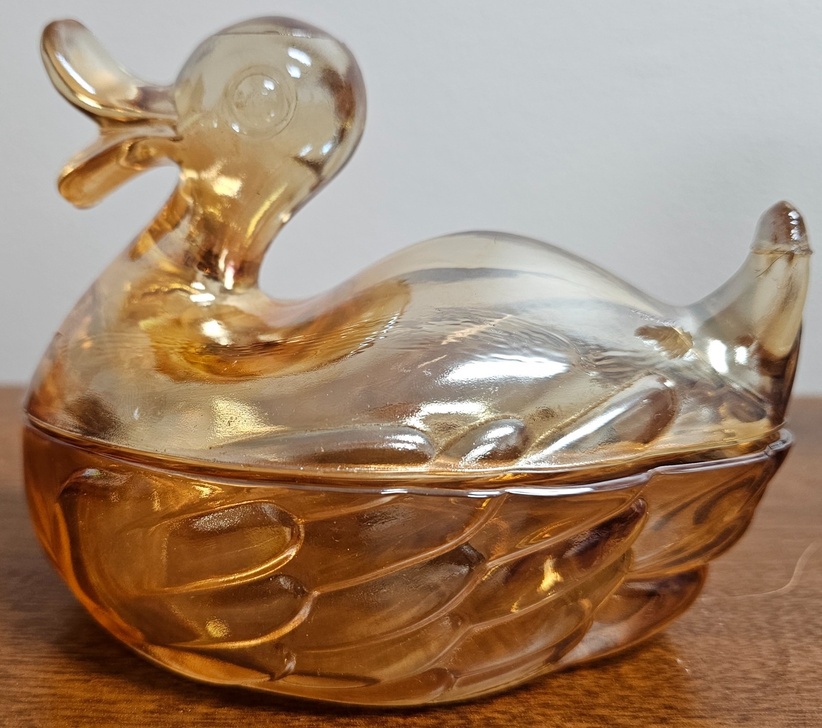 Vintage Jeannette Marigold Carnival Glass Duck On A Nest Candy Dish