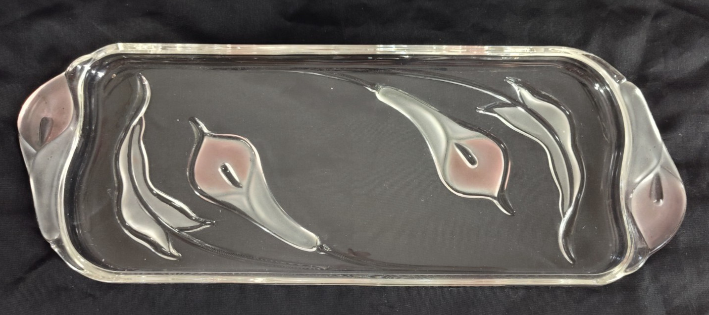 Mikasa Pink Frosted Glass Calla Lily Serving Tray Plate 15.5 in x 6 in