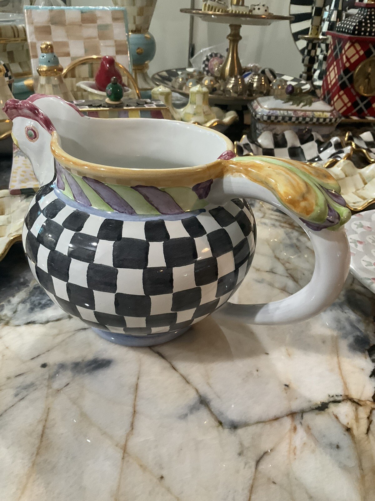 MacKenzie-Childs Piccadilly Chicken Ceramic Pitcher With Courtly Check