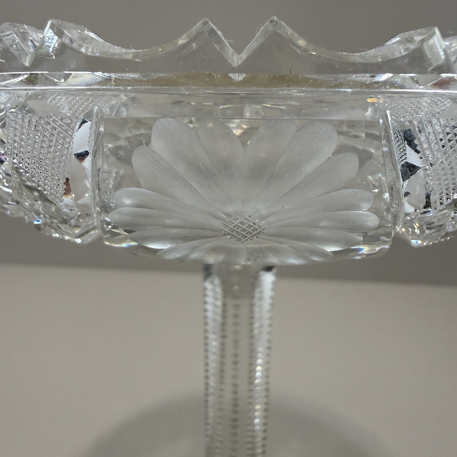 American Brilliant Period Cut Glass Pedestal Compote Bowl 6″ Scallop Sawtooth