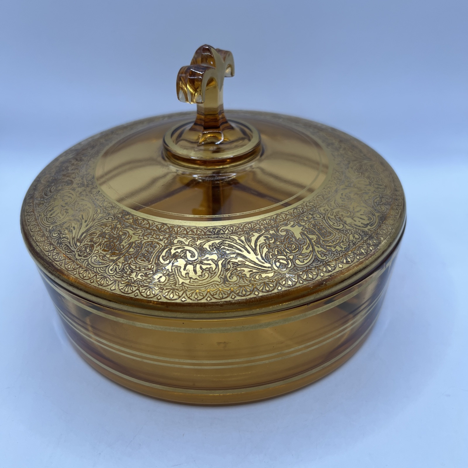 FOSTORIA Amber Gold Color Gilted 3 Part Covered Candy Dish Nuts Lid Antique