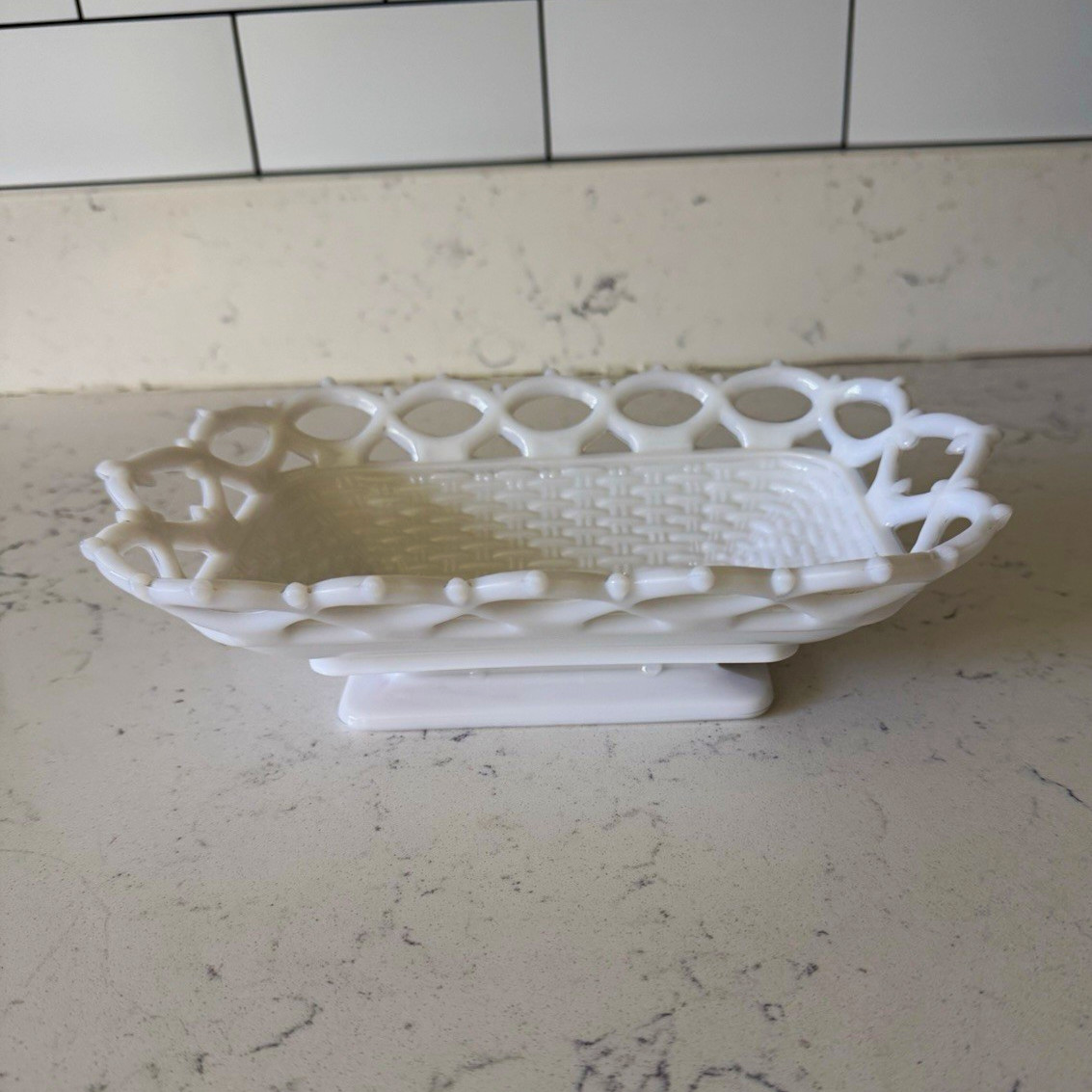 Westmoreland White Milk Glass Open Lace Edge Basketweave Rectangular Footed Dish