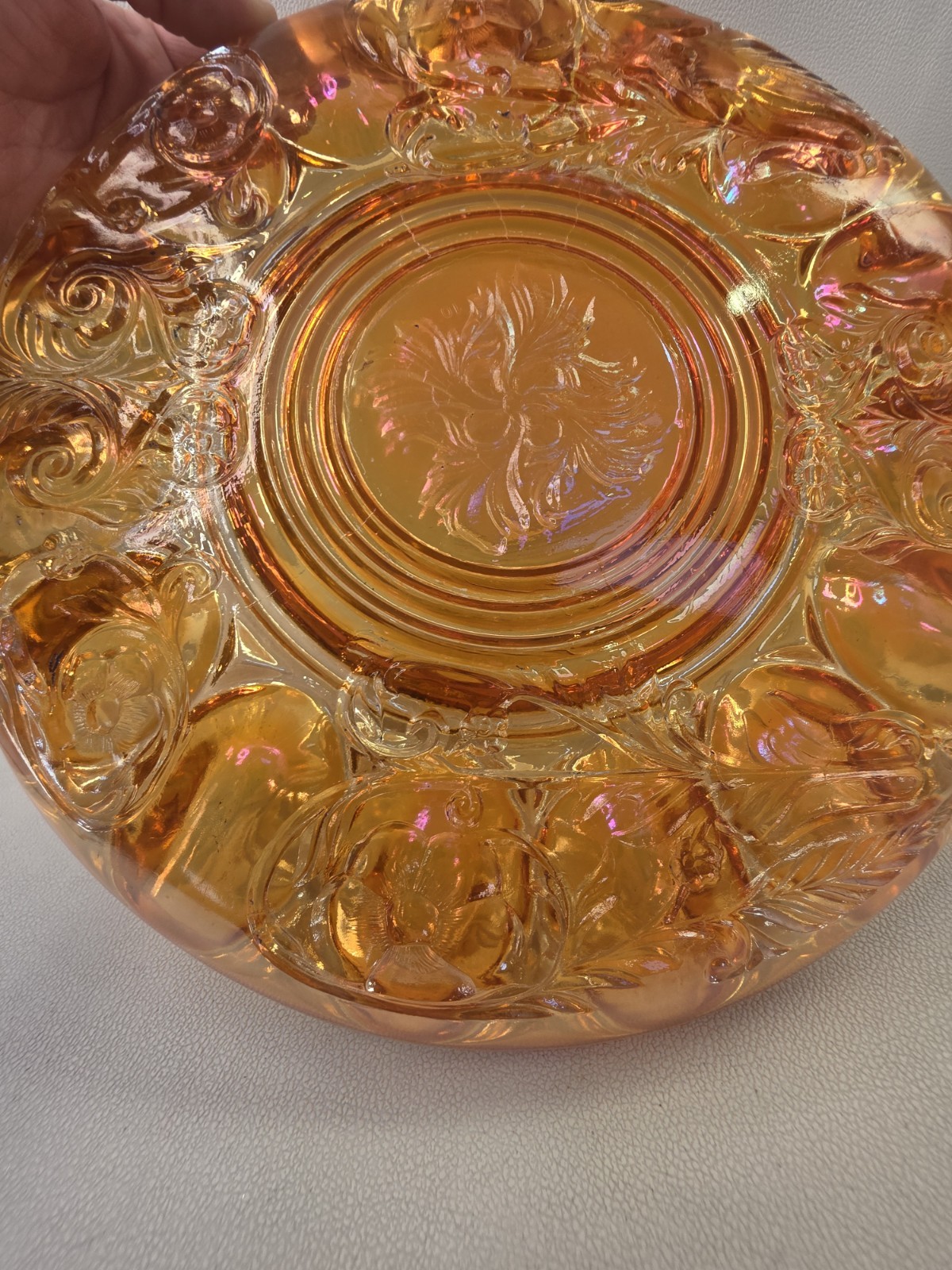 McKee Rock Crystal Marigold Carnival Glass Deviled Egg Plate 15 Well 11.5″
