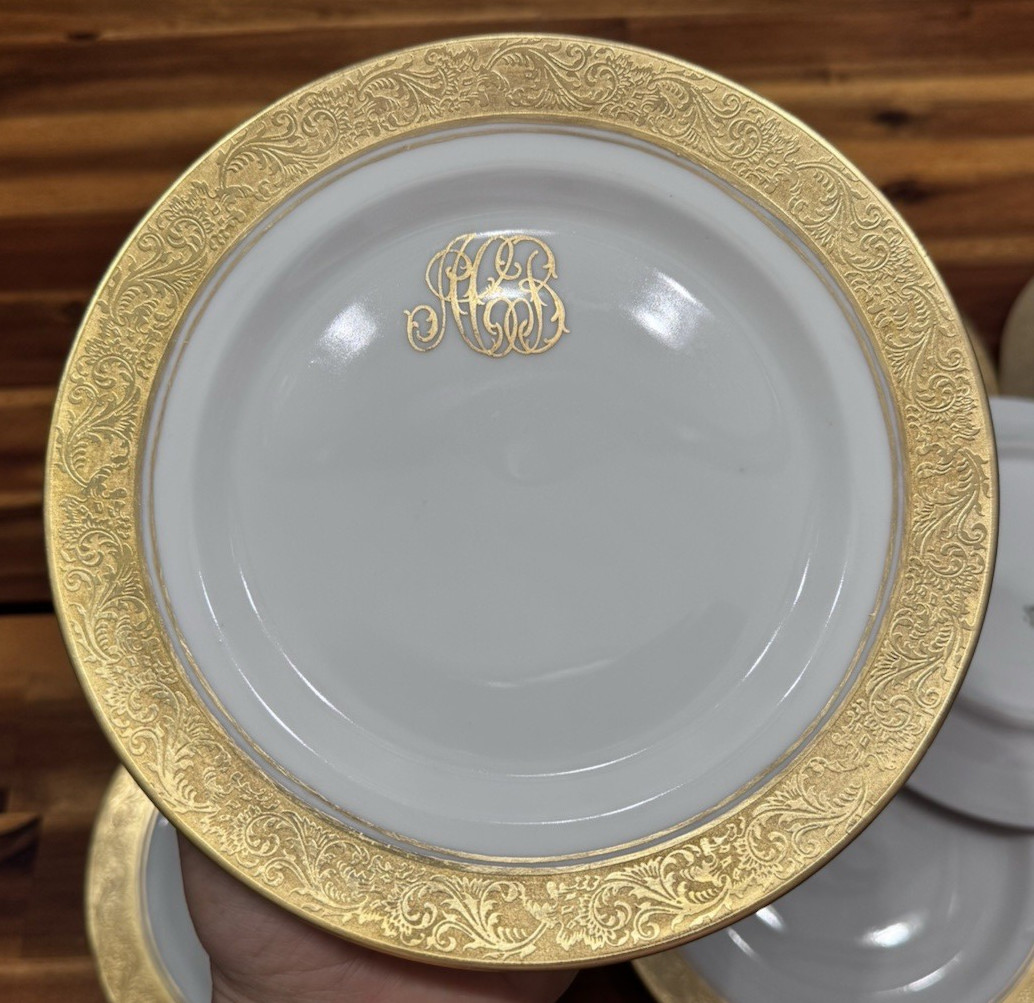 8pcs Antique Limoges P&P Gold Encrusted Monogram Salad Plates 7.5″- France, MINT