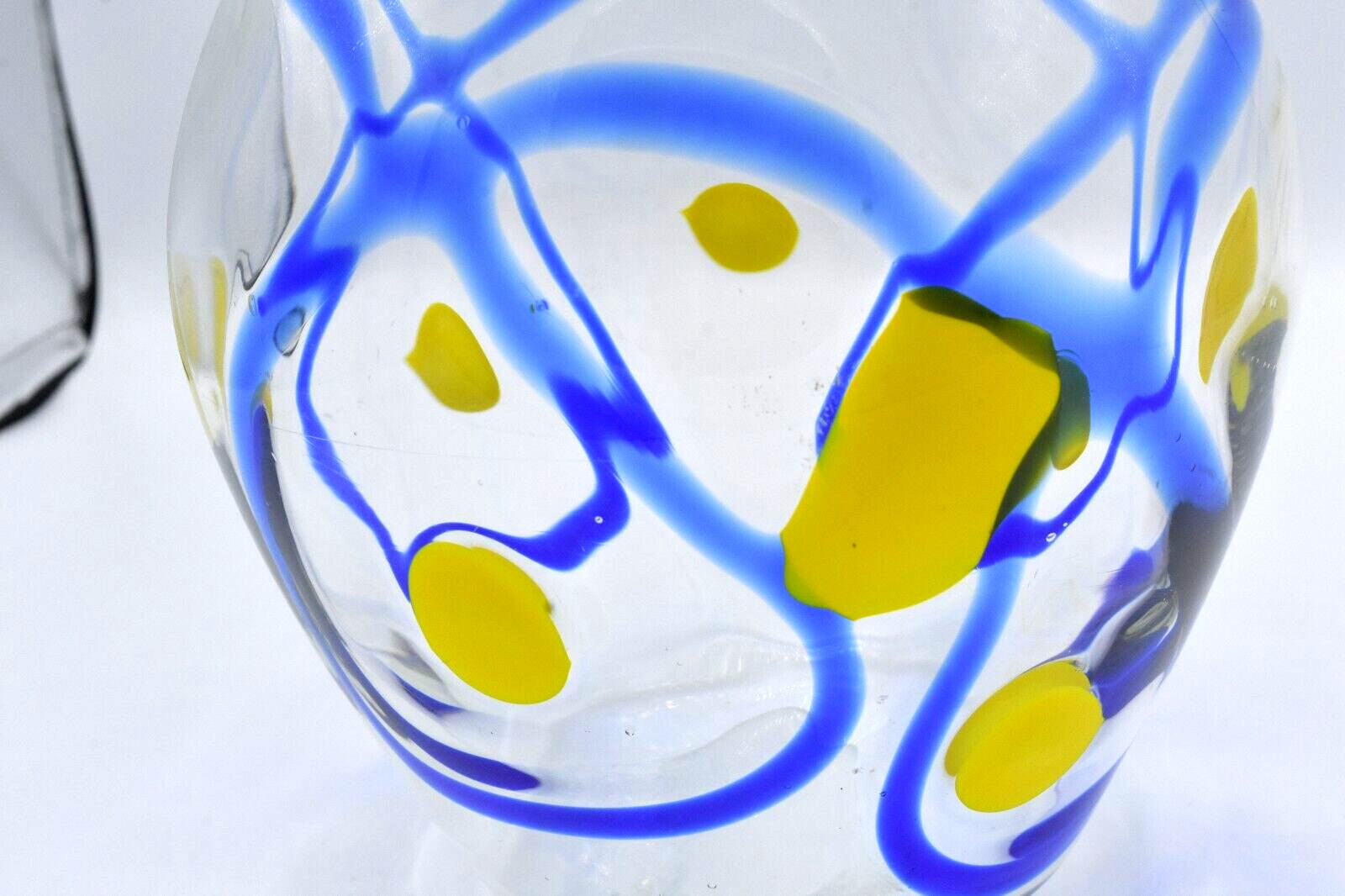 Hand Blown Art Glass Vase Clear with Cobalt Blue Swirls Yellow Spots Mexico?