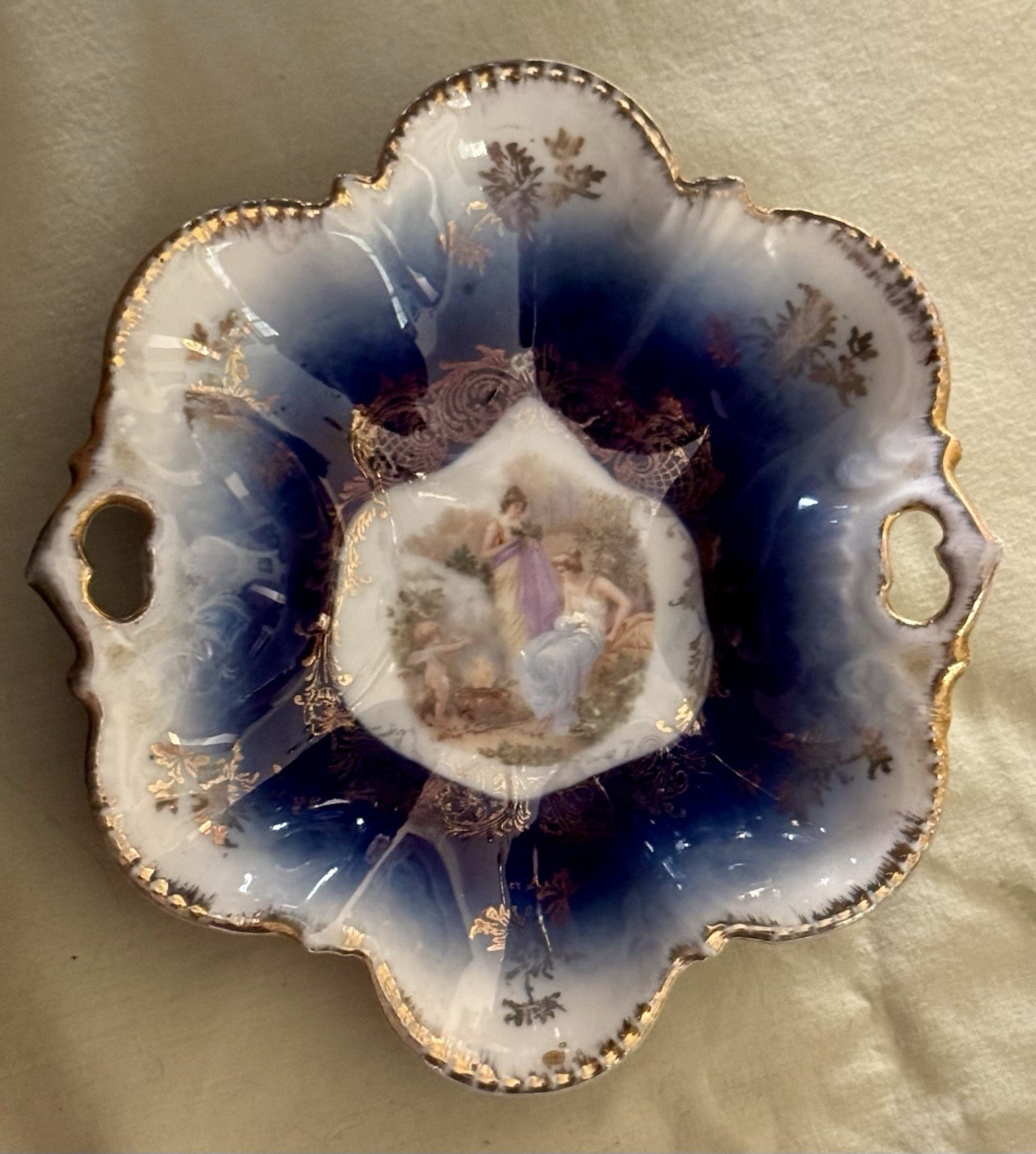 Antique Royal Bavarian Germany Two Sided Portrait Handled Bowl * Ladies & Cherub