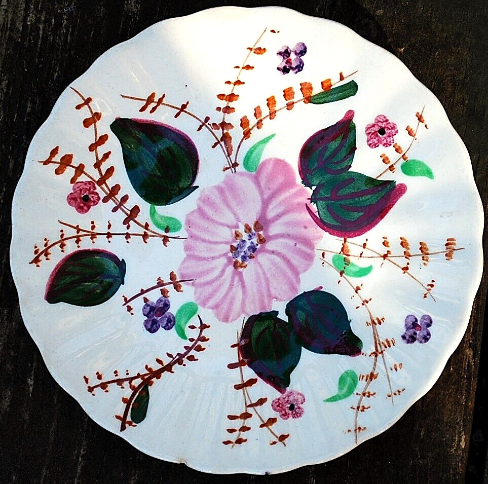 Antique Early Spongeware Plate Stick Spatter Ware HAND PAINTED FLORAL Swirl