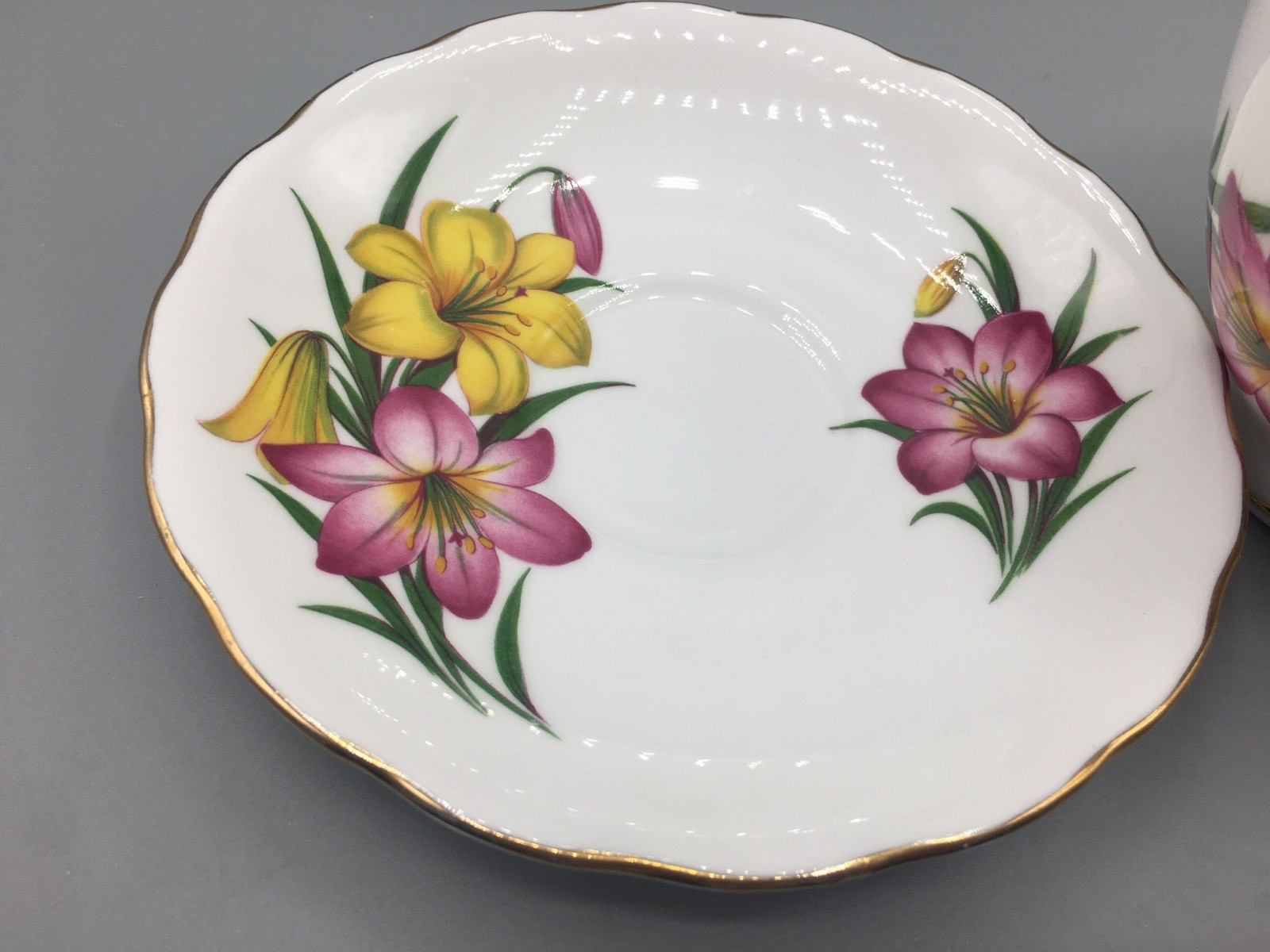 Royal Vale Bone China Lilly’s Yellow & Red Floral Teacup & Saucer Vintage