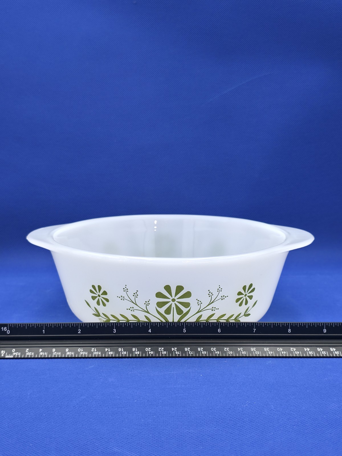 Glasbake Vintage MCM Milk Glass Oven Safe Casserole Dish Green Crazy Daisy