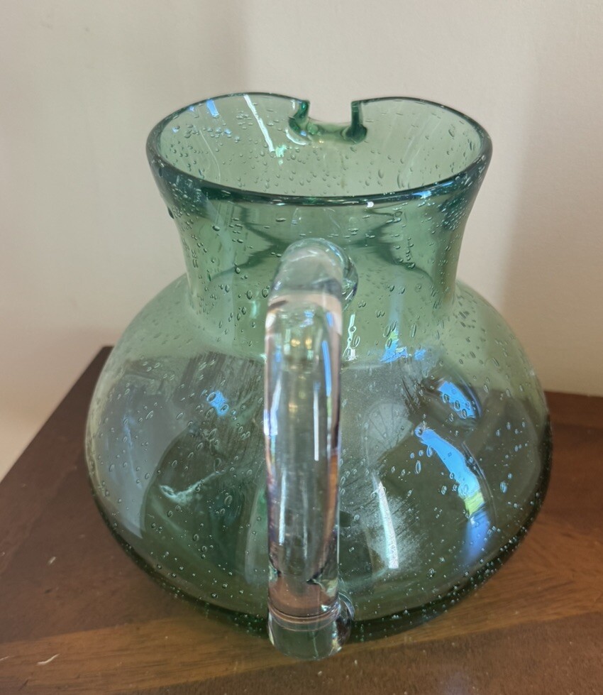 END 7/23 Large Hand Blown Green Bubble Glass Pitcher Heavy Applied Handle Seeded