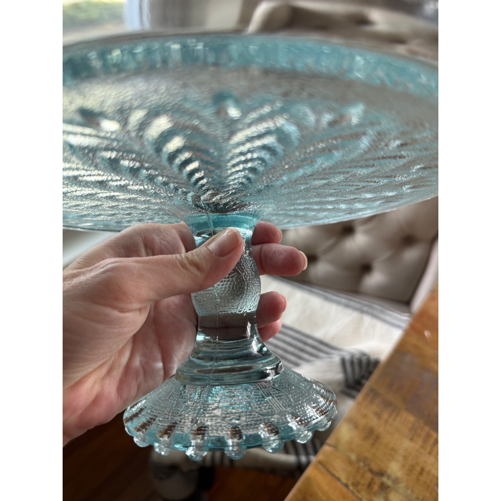 Jeannette Glass Feather Pattern Cake Stand Ice Blue Excellent 50s Vintage