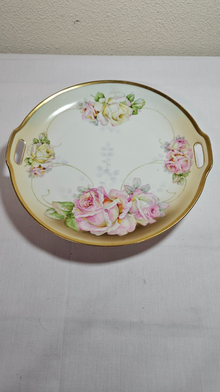 Vintage J. S.V. 10.25 in porcelain cookie/cake plate handpainted roses