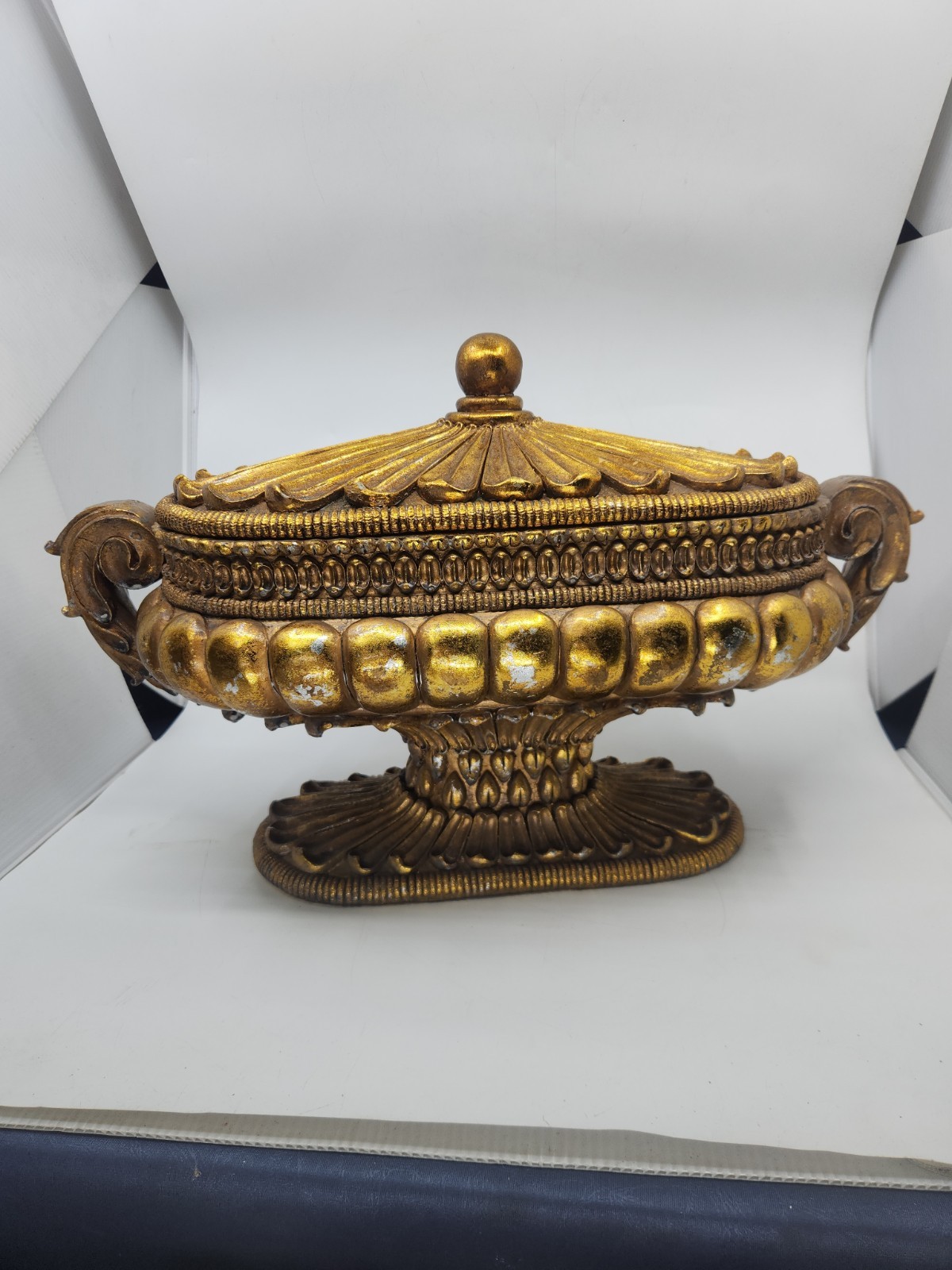 Large Hollywood Regency Gold Covered Tureen Urn Centerpiece Pedestal Bowl 21″