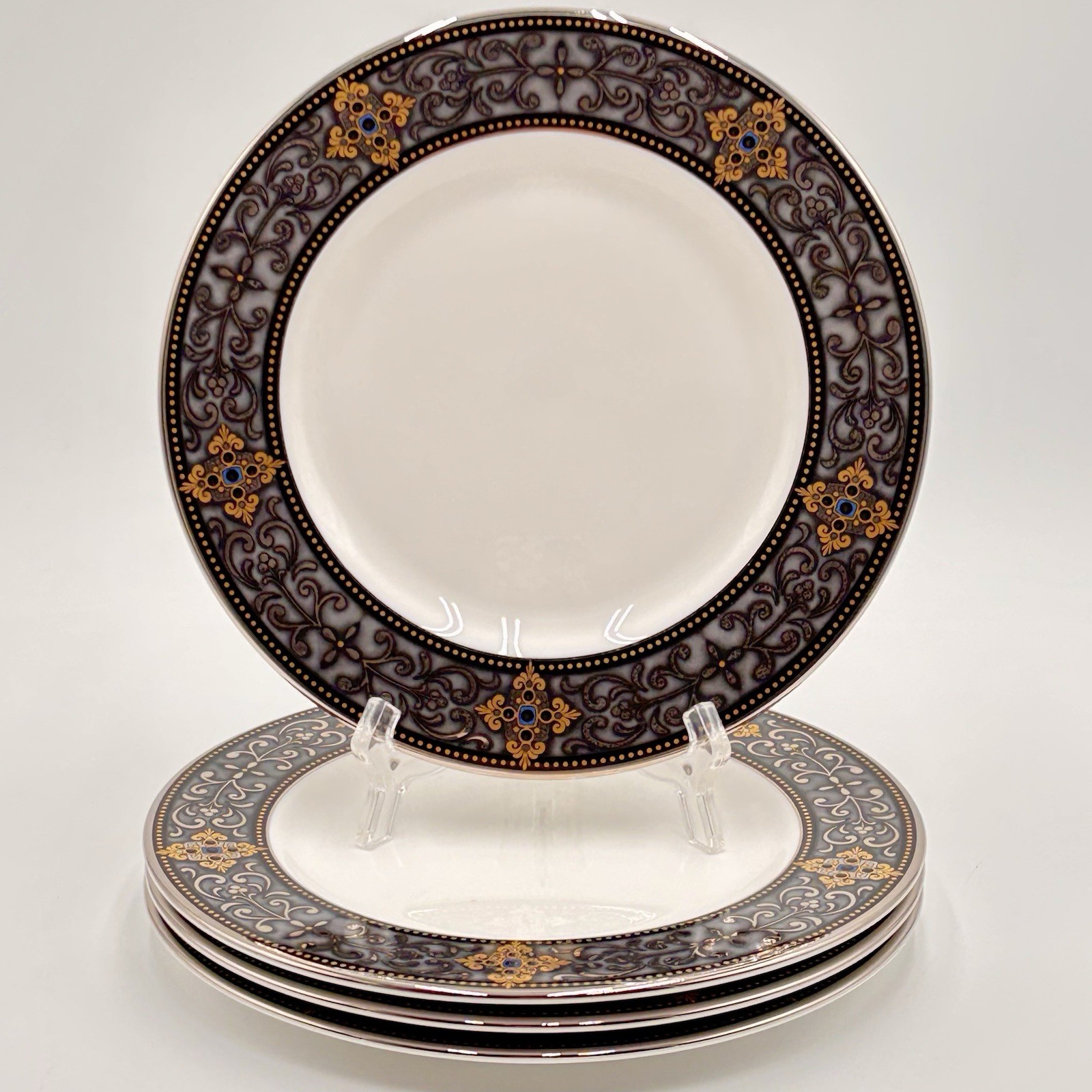 Lenox Vintage Jewel Gold Platinum Ornate Black Border Salad Plates 8 1/8” Set 4