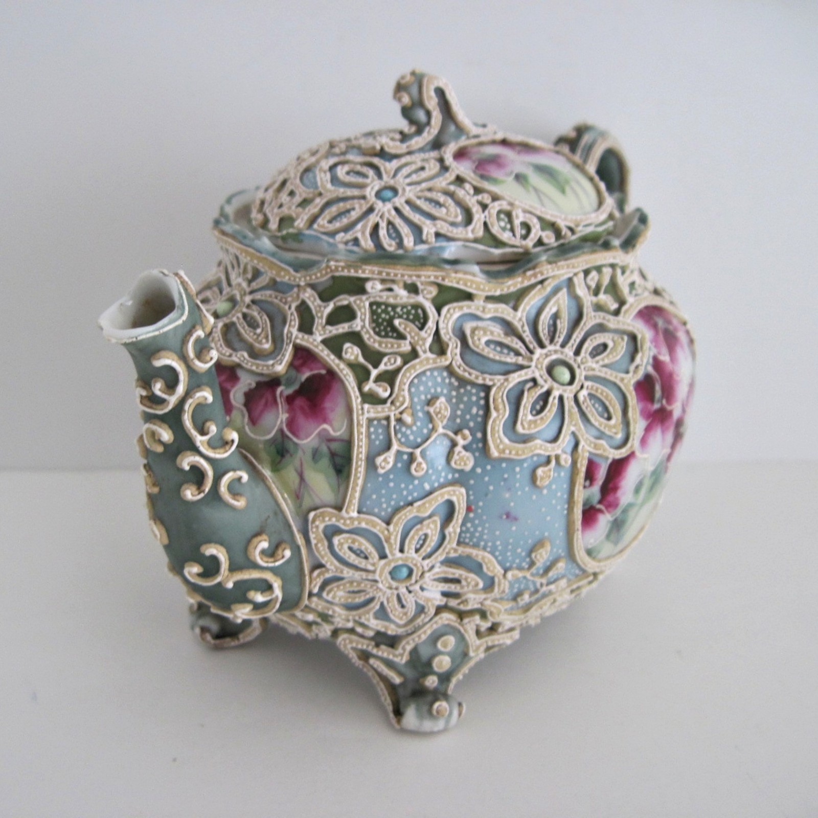 Antique Nippon Moriage Teapot Green Blue With Hand Painted Flowers READ