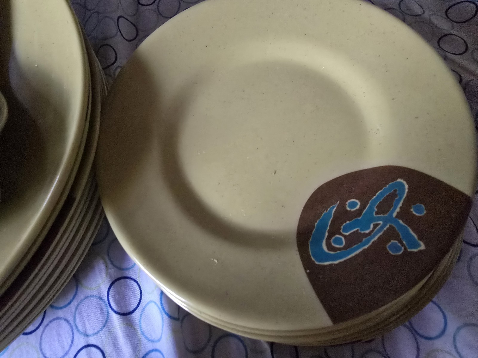 Beige Brown Blue Abstract Glossy Stoneware Dinner Set, Round Plates & Bowls