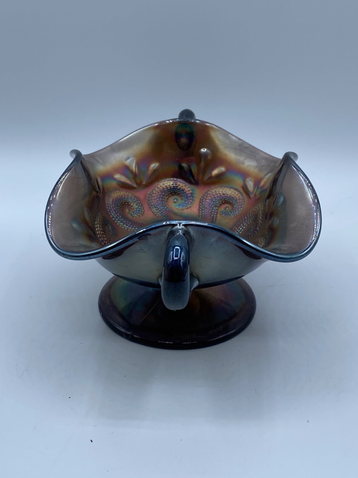 Vintage Amethyst Carnival Glass Two Handled Footed Bonbon Dish 4.5″