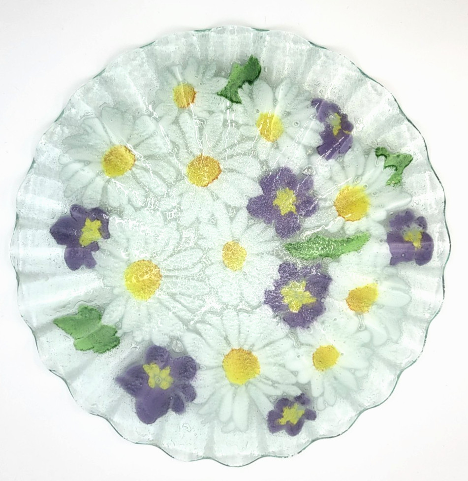 Folio Signed Fused Art Glass Plate Daisy & Pansy 10.25″ Ruffled Edge Hand Made