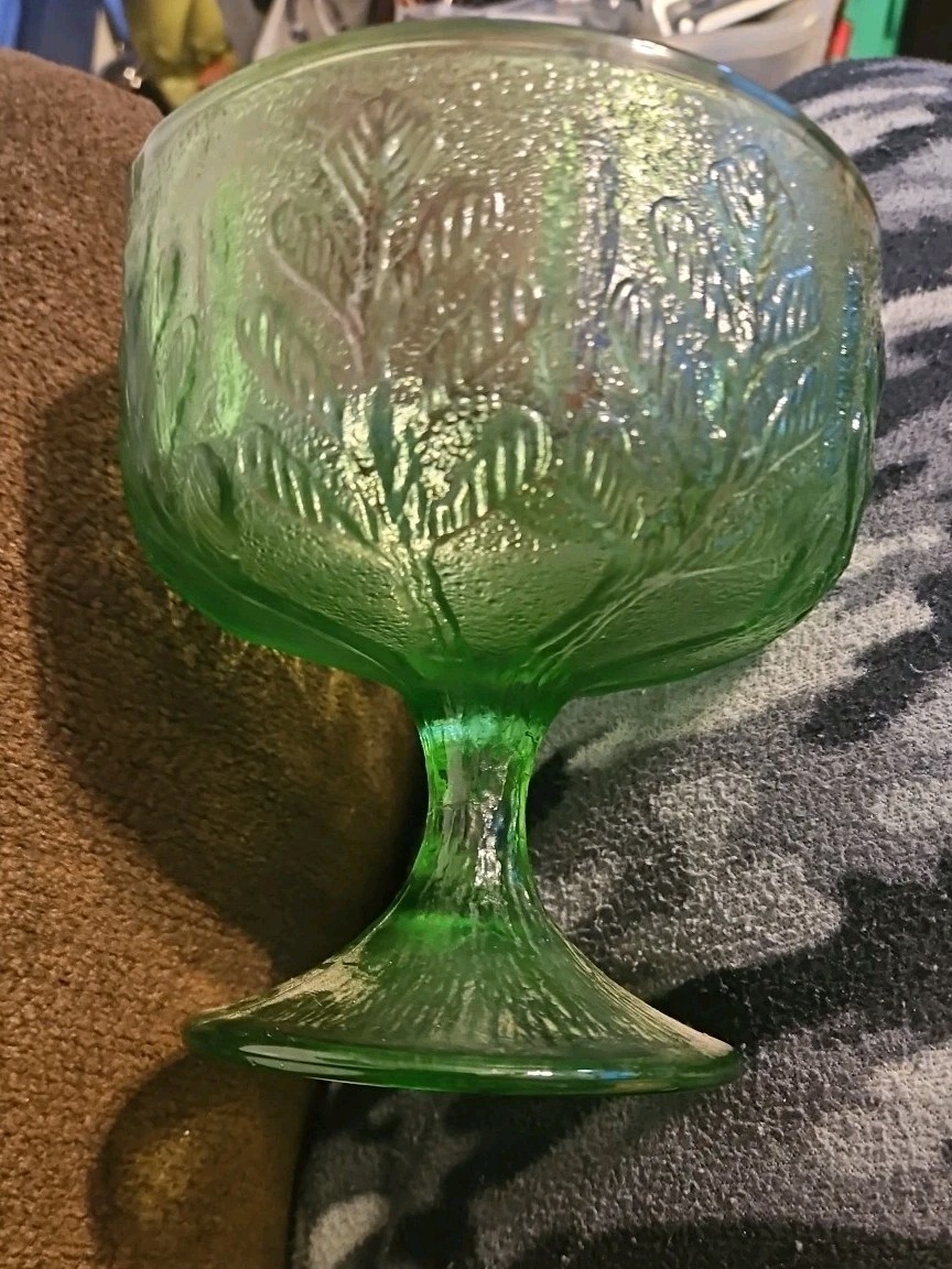 Vintage FTD Green Glass Footed Compote Bowl Vase Candy Dish Oak Leaves Pattern