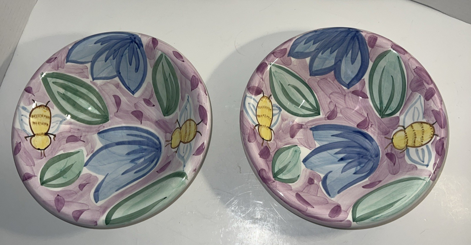 Bella Ceramica Soup Salad Serving Bowls Purple Flowers Bee 8.75”D Set Of 2