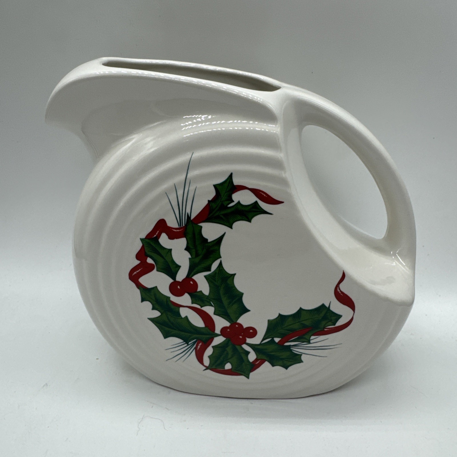 FIESTA Small Disc Disk Pitcher Holly Ribbon Christmas Creamer White 28 Oz