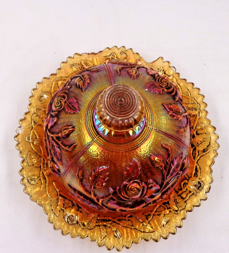 Imperial Carnival Glass Dome Lid Butter Dish Marigold Open Rose Pattern