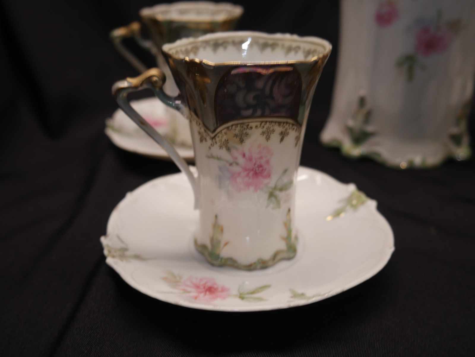 11pc ANTIQUE RS PRUSSIA hand painted FLORAL GOLD CHOCOLATE POT CUP & SAUCER set