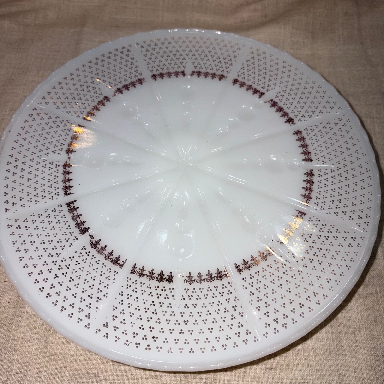 Anchor Hocking Ivory White Cake Plate 22K Gold Decorated Pedestal Stand