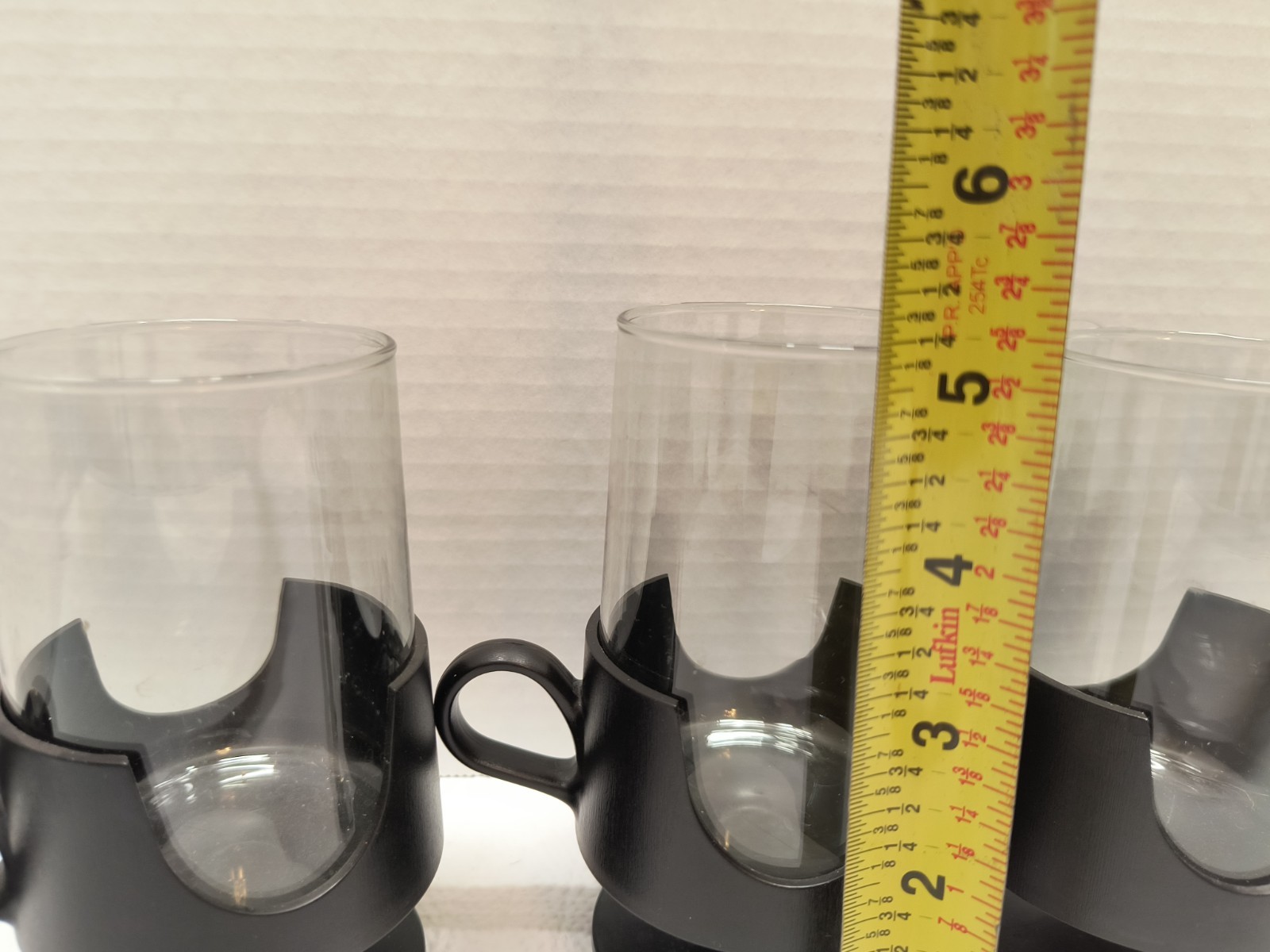 Glas-Snap Corning Set of 4-8oz. Cups/Mugs VTG MCM Black Plastic and clear glass