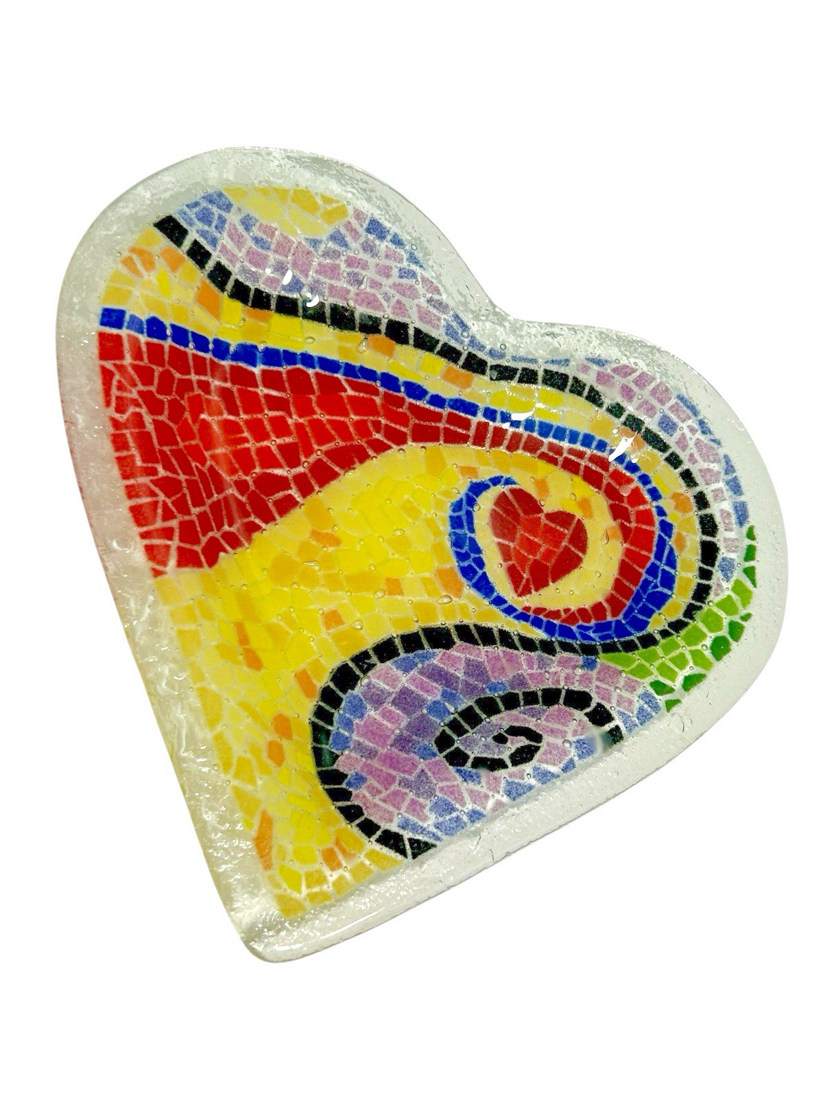 Peggy Karr 10″ It Starts at the Heart Tray Fused Art glass Signed 2004 Mosaic US
