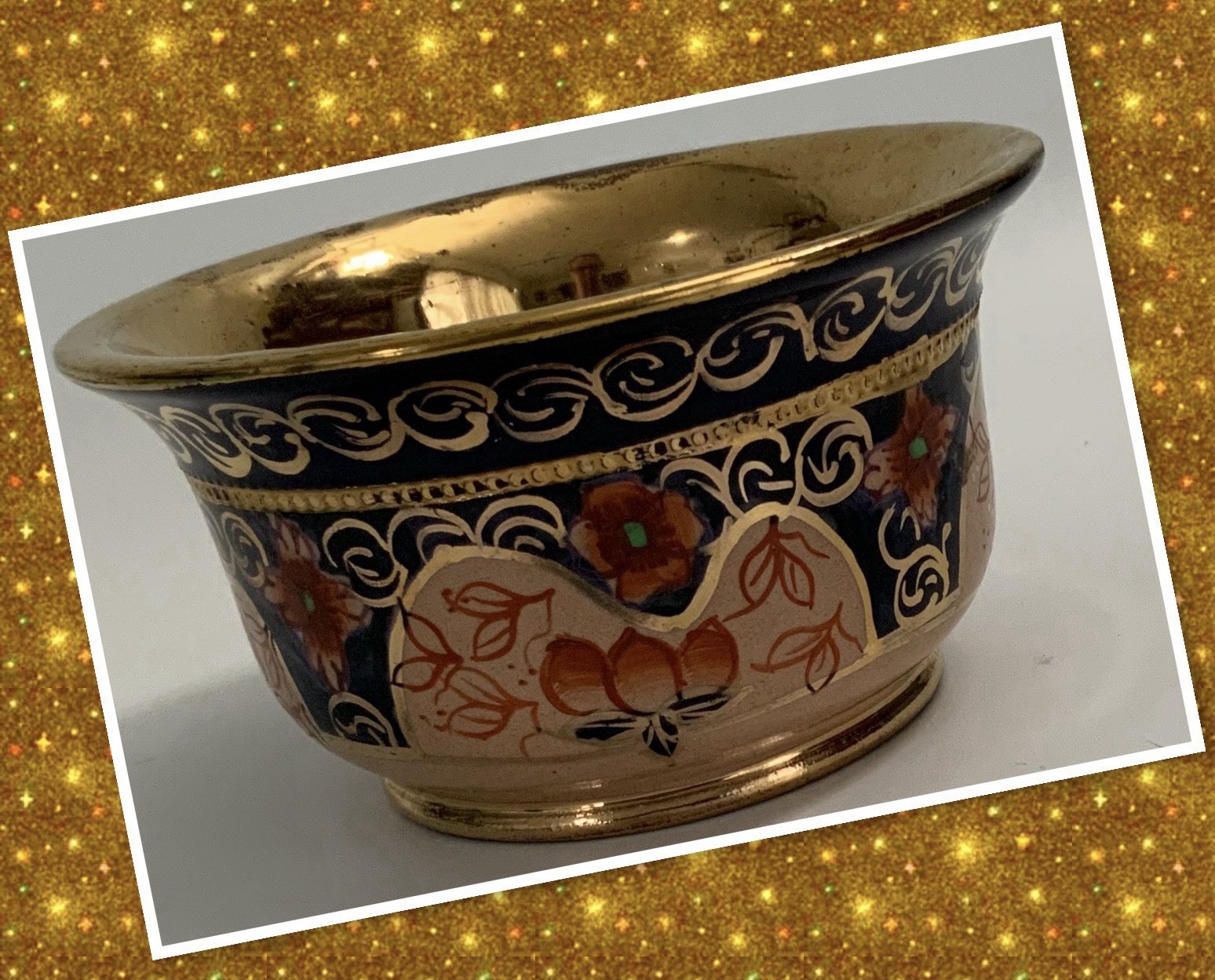 Vtg Copper Lusterware Bowl – 5” x 2¾” – Peach/Gold/Dark Blue/Rust Floral