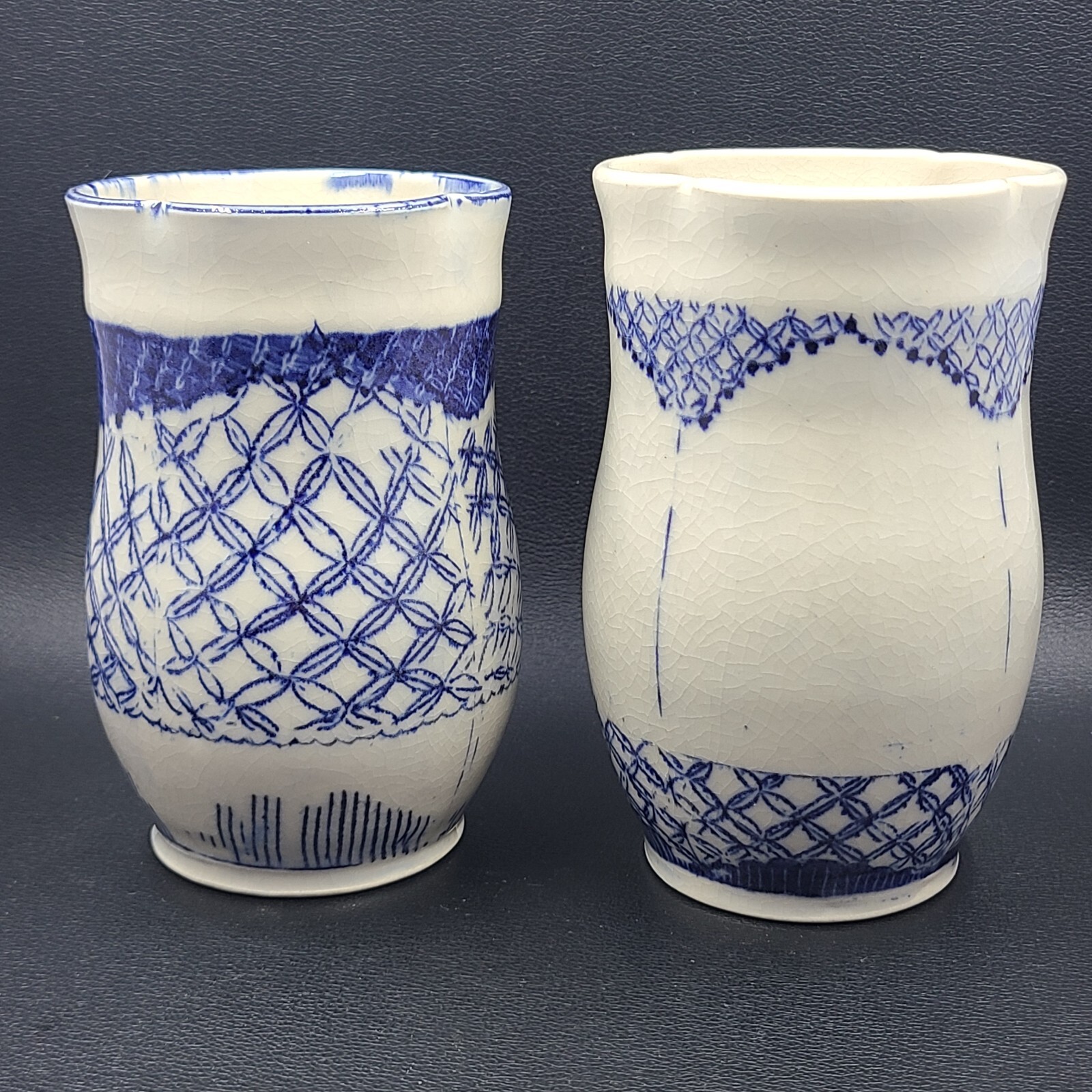 Studio Art Pottery Scalloped Asian Style Blue and White Crackled Glaze Signed