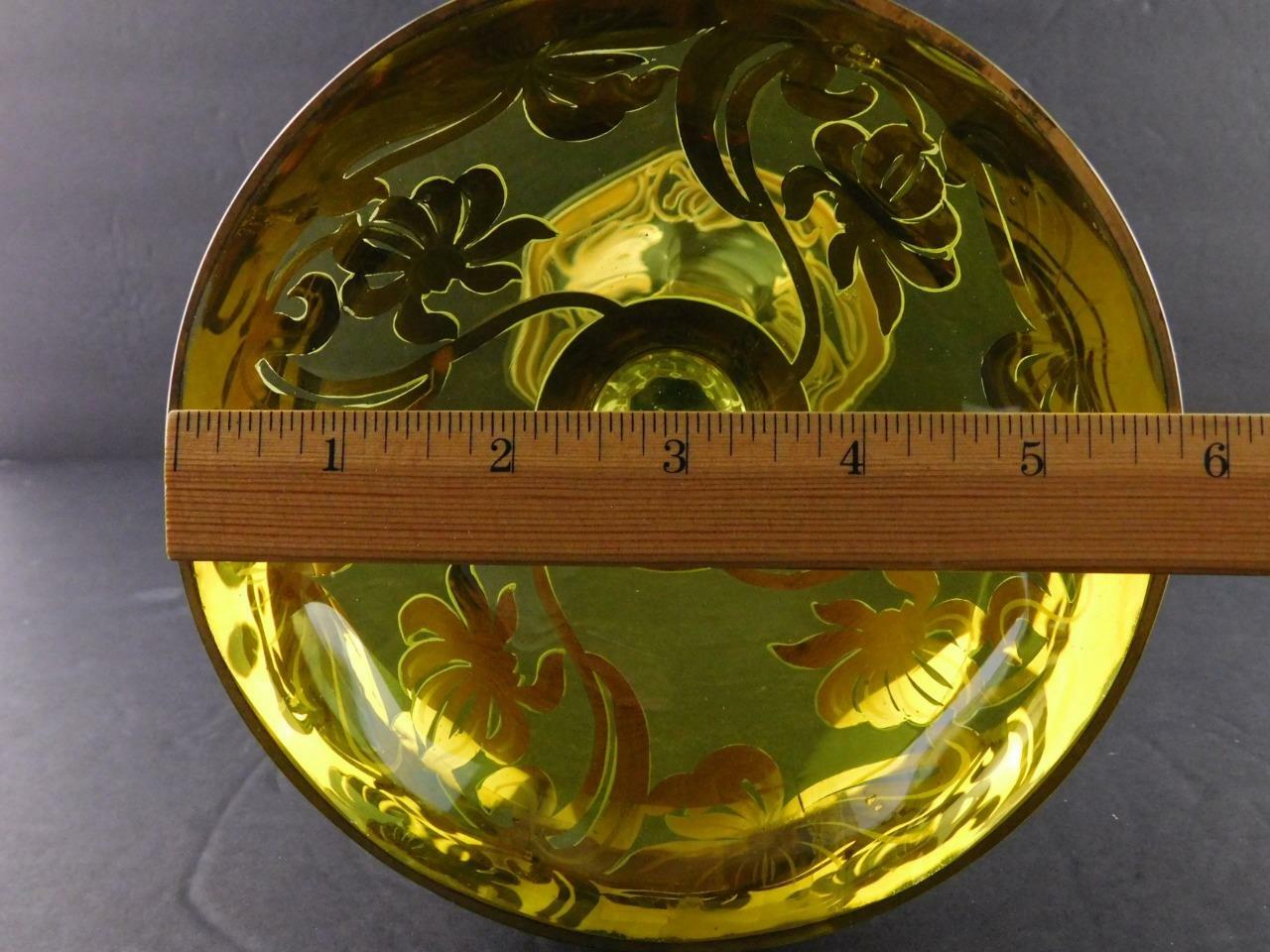 Art Glass Tall Stem Compote Dish Nouveau Floral Gold Green Clear X Mark