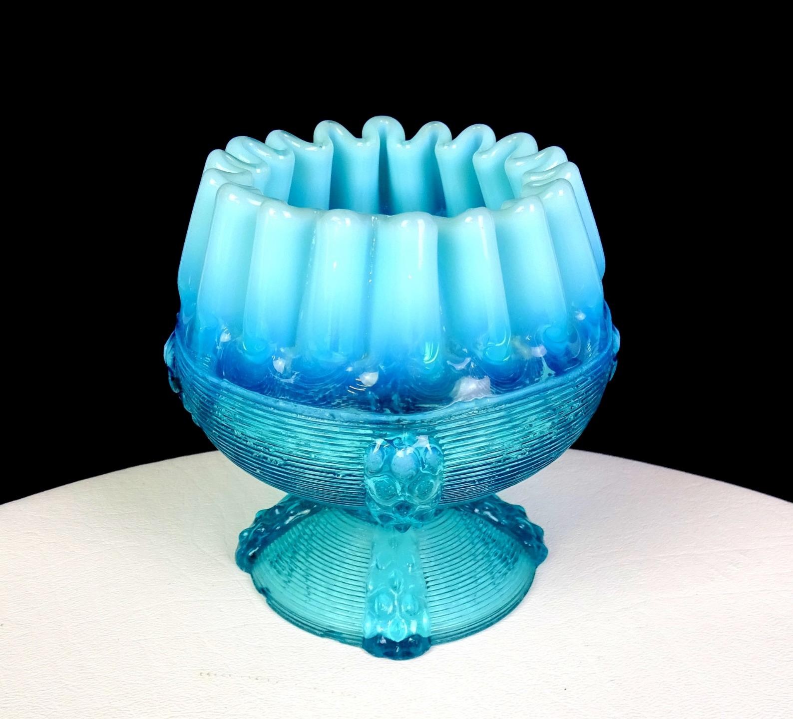 Northwood Glass Blue Opalescent Button Panel Pedestal 4 1/4″ Rose Bowl 1897-1905