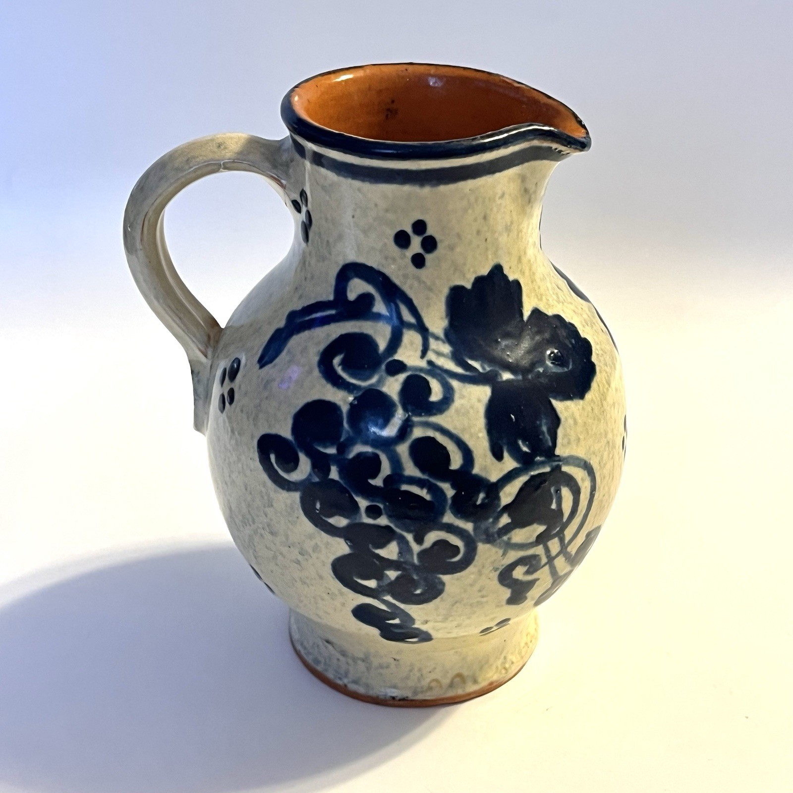 Vtg K Schafer GERMAN Pottery Pitcher Handmade Pale Yellow Cobalt Blue Edenkoben