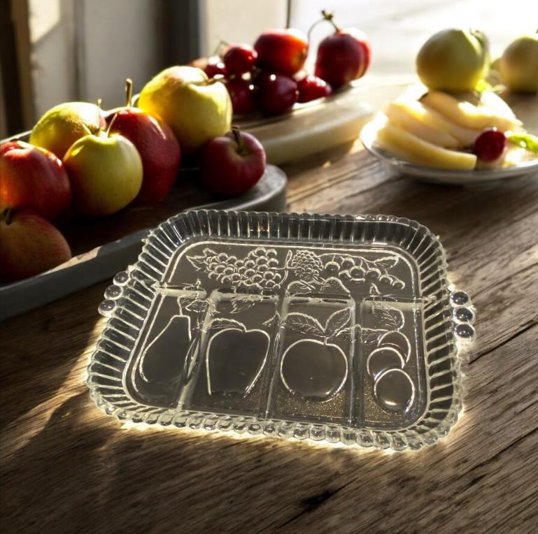 VINTAGE INDIANA GLASS — Fruit & Relish Tray, 5 Sections, Fruit Design, Heirloom