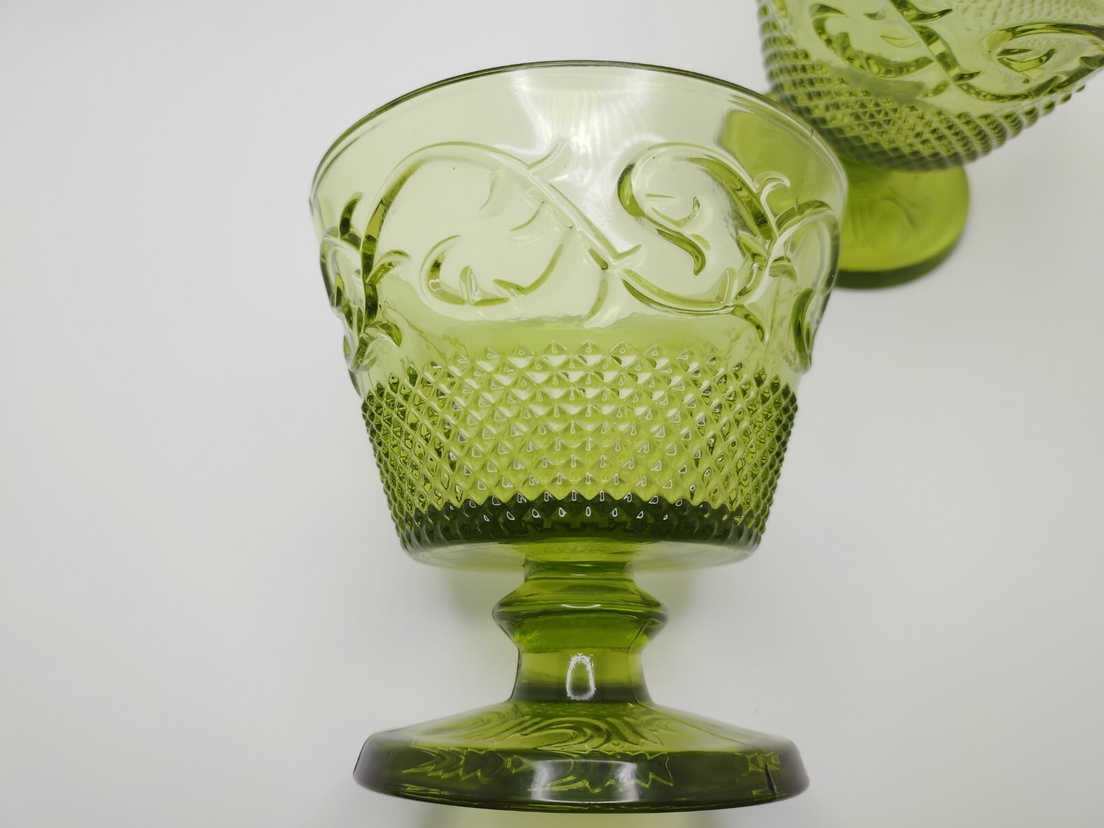 Vtg Depression Glass Fluted Vine Diamond Pattern Dessert Dish Olive Green Set 3
