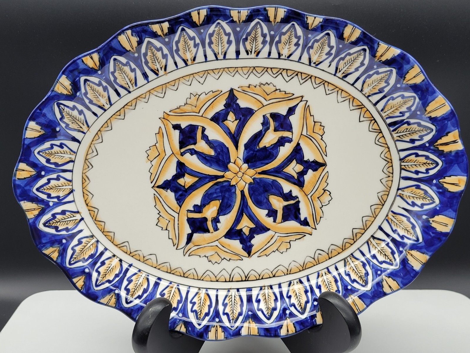 I. Godinger Italian Platter Scalloped Oval Cobalt Blue and Yellow 11.5″