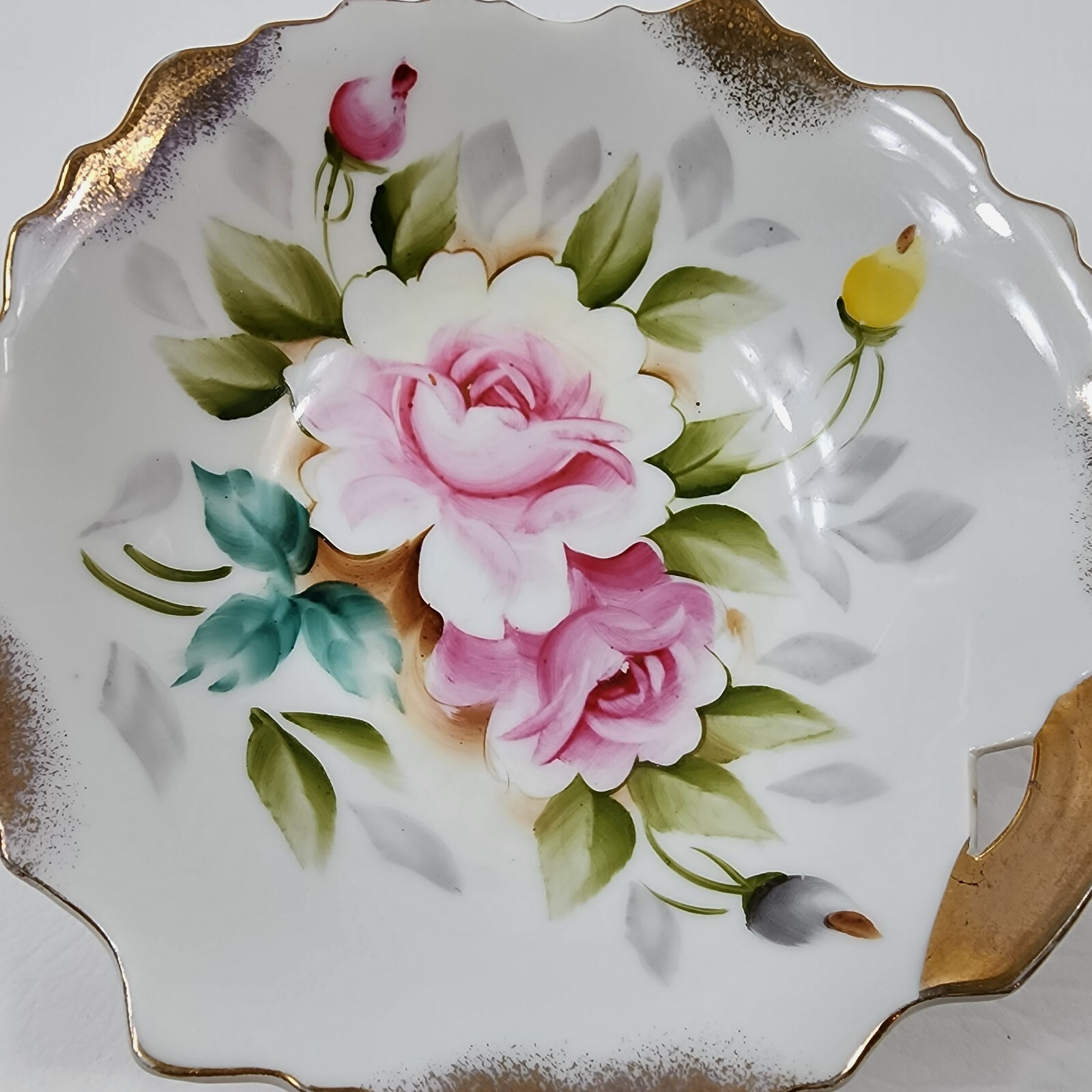 Vintage Lipper And Mann Japan Pink Rose Floral Gold Foiled Trinket Bowl 7″