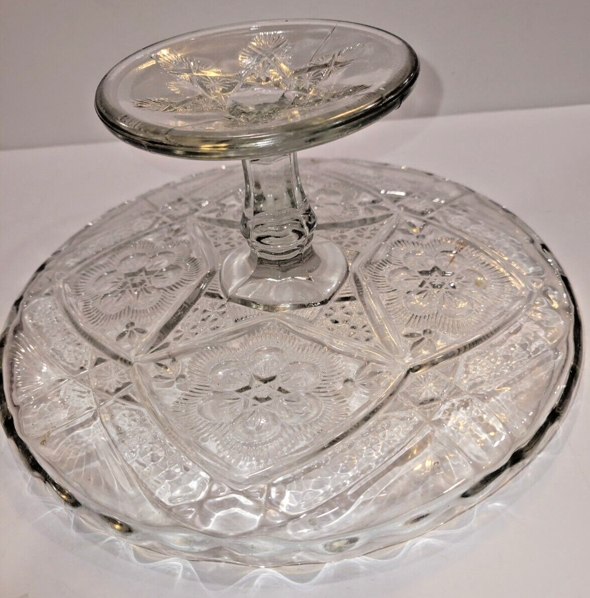 Antique Indiana Glass 1905-20 Cake Pie Pedestal Stand EAPG Rayed Flower 9.5″